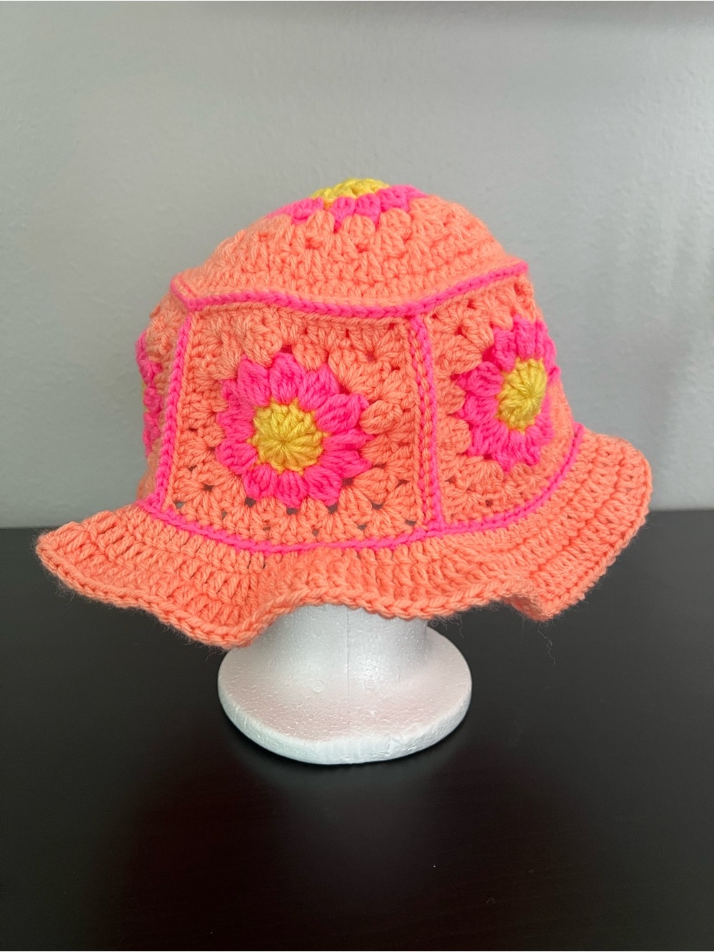 Hand-Crocheted Peach Floral Bucket Hat with Pink & Yellow Accents